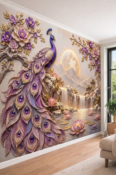 dreamwall Mor Tüylü Tavus Kuşu, Aydınlatmalı Dolunay, Şelale ve Lotus Çiçekli...