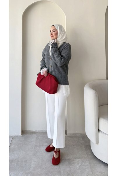 RFK Butik Women's Lace Detailed V-Neck Hijab Knitwear Cardigan - Gray