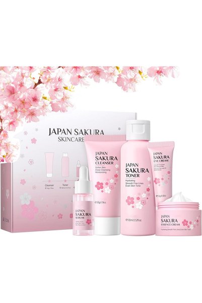 Makbeaty مجموعة العناية بالبشرة ساكورا 5 قطع، حجم السفر: منظف، تونر، سيروم، ك...