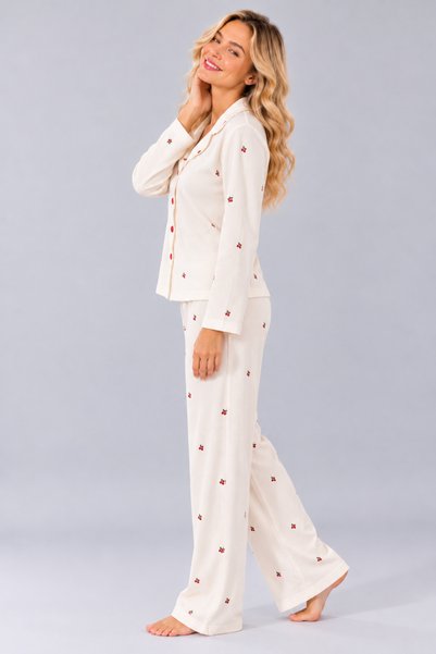 Pijamask Kadın Waffle Dokulu Düğmeli Gömlek Yaka Uzun Kollu Desenli Rahat Kesim Pijama Takımı