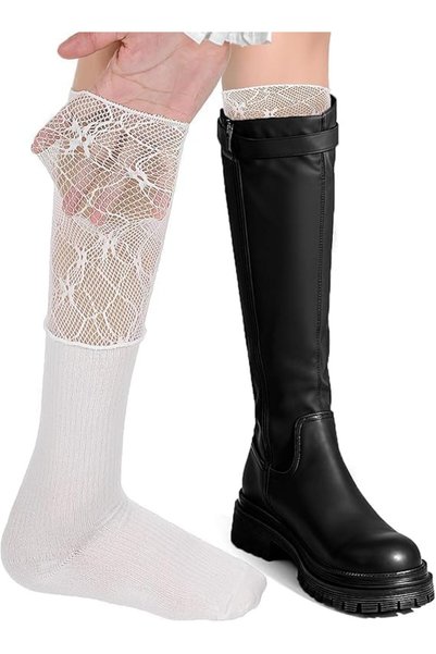 KASTWAVE Women's Lolita White Lace Knee High Socks | Elegant Ruffle Top Boot ...