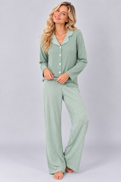Pijamask Kadın Waffle Dokulu Düğmeli Gömlek Yaka Uzun Kollu Desenli Rahat Kesim Pijama Takımı