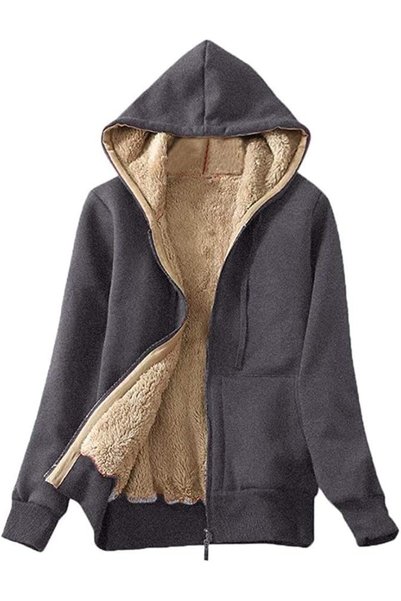 GENERAL Ladies Plain Hoodie Women Fluffy Coat Winter Warm Fleece Lined Zip Up...
