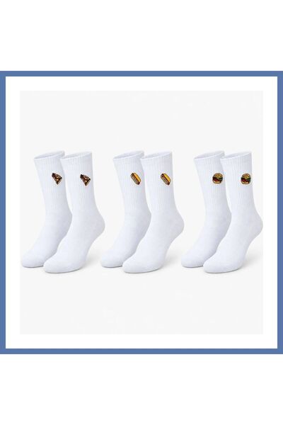 Generic Brand UNISEX Κάλτσες Λευκές με Κεντήματα, Σετ 3 τεμαχίων, με σχέδια Π...
