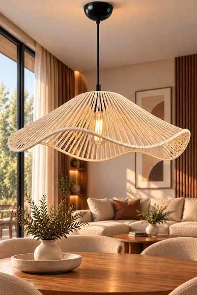Lambadar Riva Wave Model Krem Handmade Bohem İskandinav Rattan Tekli Sarkıt A...