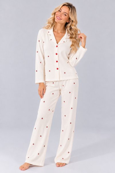 Pijamask Kadın Waffle Dokulu Düğmeli Gömlek Yaka Uzun Kollu Desenli Rahat Kesim Pijama Takımı