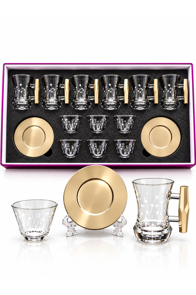 Urbanza 18 Piece Glass Tea Coffee Serving Set with Gold Handles, Saucers and ...