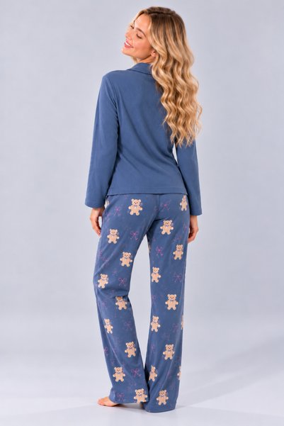 Pijamask Kadın Waffle Dokulu Düğmeli Gömlek Yaka Uzun Kollu Desenli Rahat Kesim Pijama Takımı