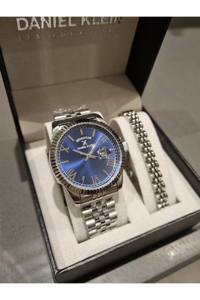Daniel Klein Navy Blue Dial Calendar Complete Steel Bracelet Set Special Prod...