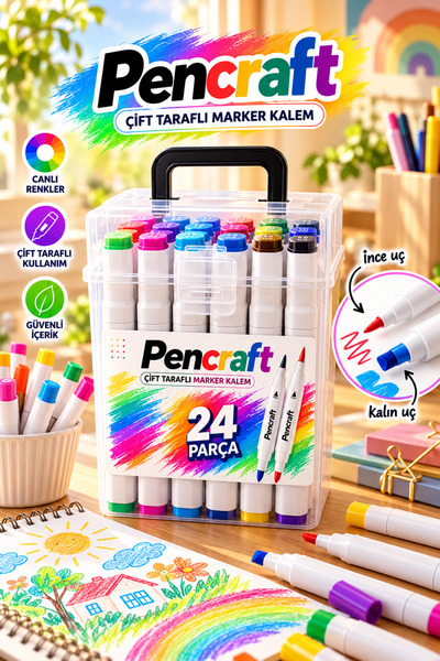 pencraft 24'lü Çift Uçlu Marker Kalem Seti Şeffaf Kutulu Profesyonel Çizim ve...