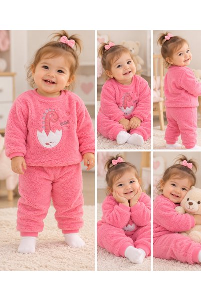 SERPİL Kız Çocuk Dinozor Figürlü Peluş Alt Üst Takım Pijama Takımı