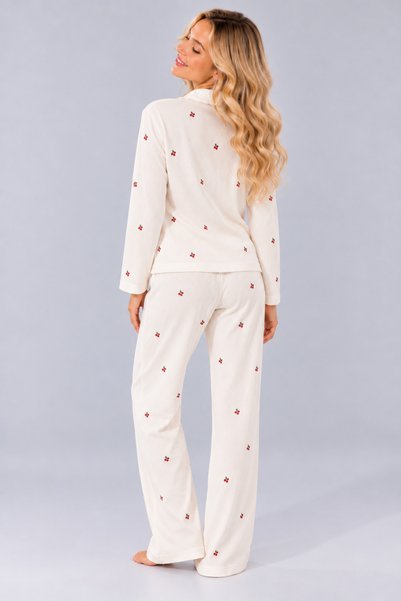 Pijamask Kadın Waffle Dokulu Düğmeli Gömlek Yaka Uzun Kollu Desenli Rahat Kesim Pijama Takımı