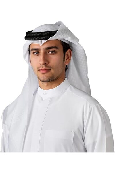 GENERAL طقم وشاح رأس عربي وربطة رأس - وشاح كوفية أبيض فاخر + ربطة رأس سوداء، ...