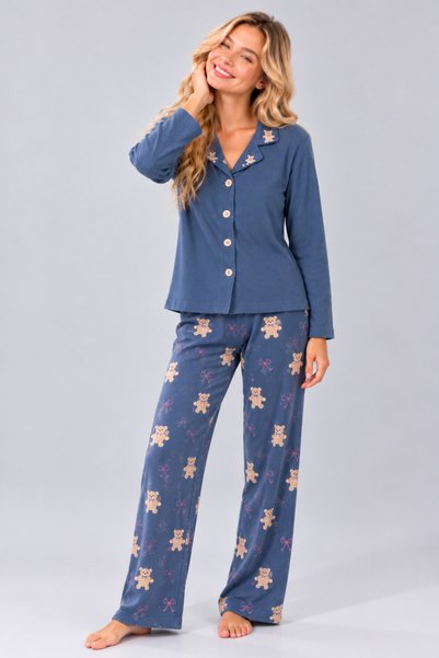 Pijamask Kadın Waffle Dokulu Düğmeli Gömlek Yaka Uzun Kollu Desenli Rahat Kesim Pijama Takımı