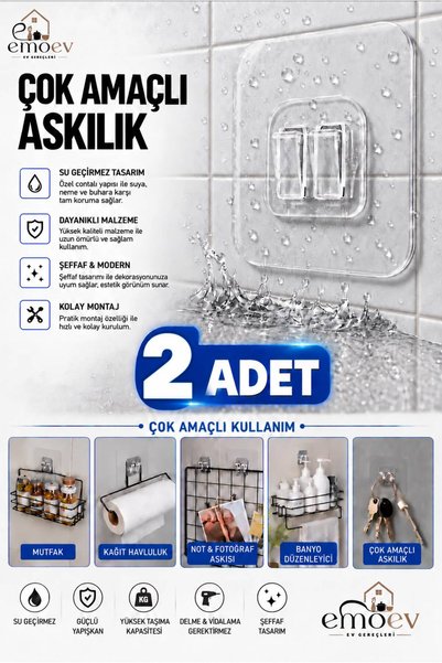Emoev 2 Adet Çok Amaçlı Şeffaf Yapışkanlı Askılık Seti Delme ve Vidalama Gere...