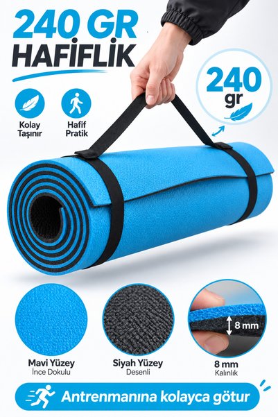 Tosima Pilates Yoga Minderi 170x55 cm 8 mm Çift Taraflı Pembe Siyah Taşıma As...