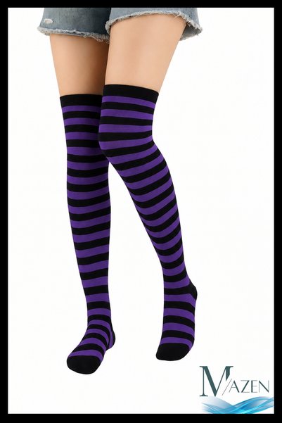 MAZEN Zebra Mor Çizgili Uzun Çorap | Dizüstü Schoolgirl Stil | Kadın Yüksek Ç...