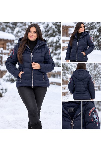 Generic Brand Women's navy blue quilted winter jacket with Hooded and decorat...