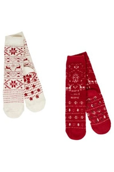 OEM Sosete de Craciun Ecru Rosii Home Anti-slip (36-42) pentru Femei - 2 perechi