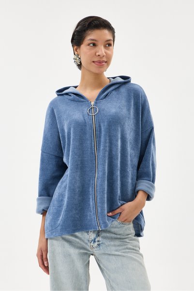 della moor Women's Blue Italian Hooded Zippered Oversize Velvet Jacket Size 3...