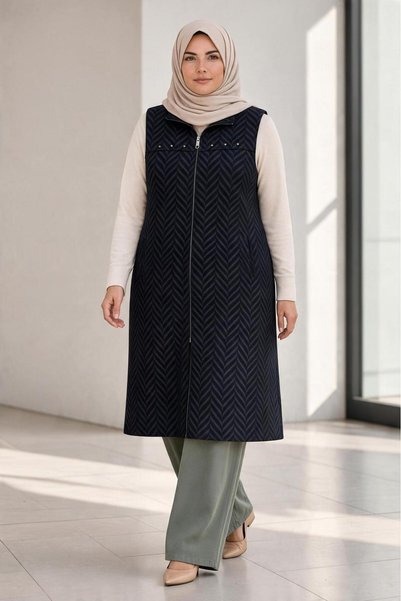 ENSAR GİYİM Zigzag Quilted Patterned Zippered Long Women's Vest