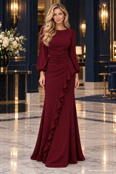 Missrelda Moda Long Janjan Crepe Evening Dress with Front Ruffle Detail, Burg...