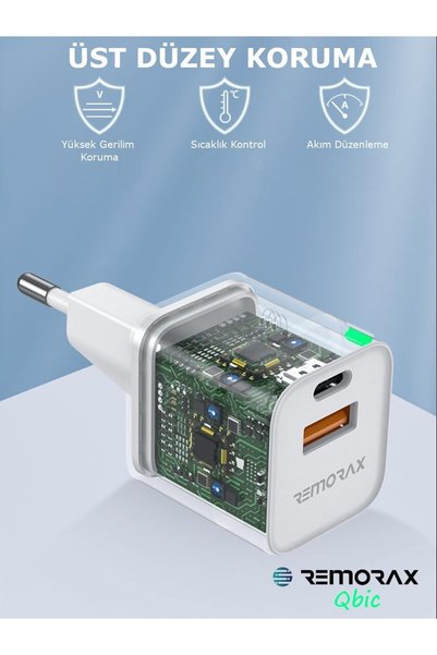 Ronanna Qbic PD 30Watt GaN Hızlı Şarj Aleti, A + C Girişli, Beyaz, Dual Port, USB A ve Type C
