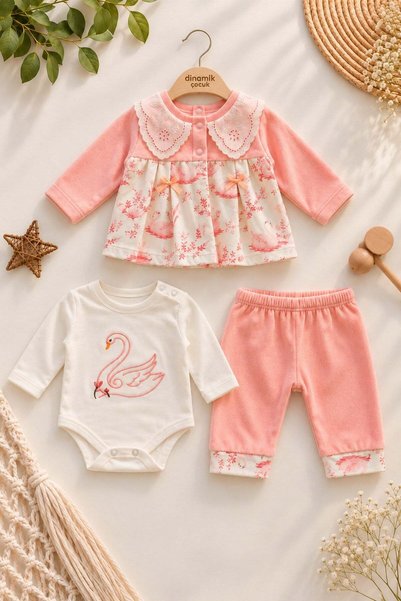 dinamik çocuk Baby girl velvet romper with swan embroidery, 3-piece set (top ...