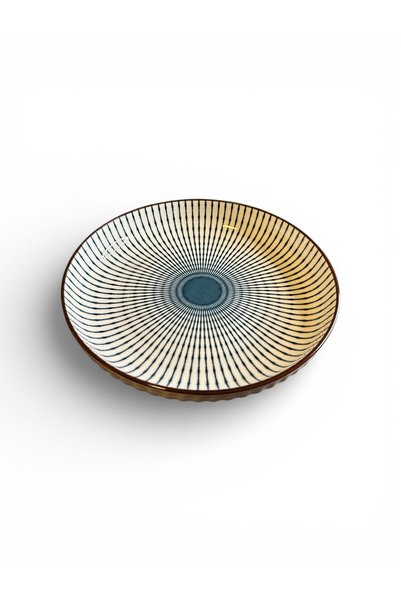 NO BRAND Farfurie Adâncă Ceramică cu Model Linii Radiale – Alb/Albastru, Form...