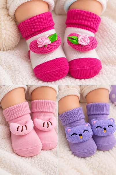 Babyhola 0-6 Ay Figürlü Pamuklu 3'Lü Kız Erkek Bebek Çorap Seti 396