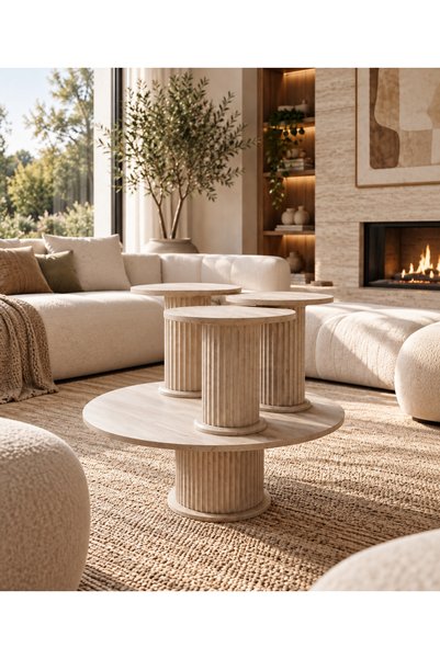 Future Decor Home Traverten Desenli 4lü Sehpa Seti Orta Ve Zigon Sehpa