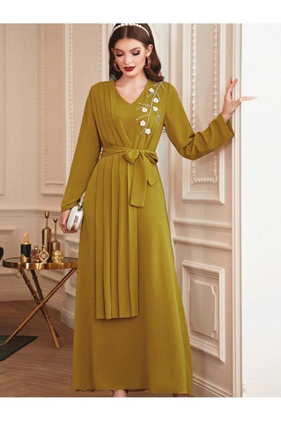 BEAUTY AMINAH Ginger Yellow Pleated V-Neck Rhinestone Dress