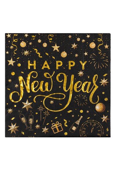 DD SHOP Șervețele de masă negre cu folie aurie și mesaj Happy New Year, 2 str...