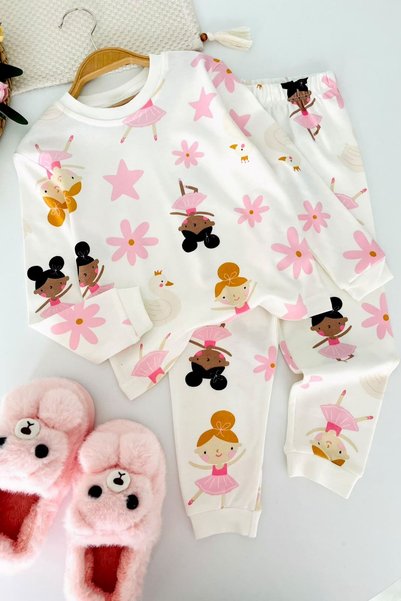 Minigimin Cicileri Dancing Figure Printed Cotton Girls' Pajama Set - Pink