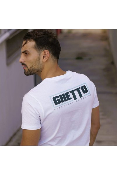 GHETTO Λευκό Μπλε Μπλουζάκι Μάσκα Unisex |   Λογότυπο στην πλάτη  "Κάπου που ...