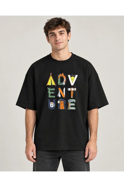 CANMODA Siyah Adventure Kamp Baskılı Oversize Unisex Tişört
