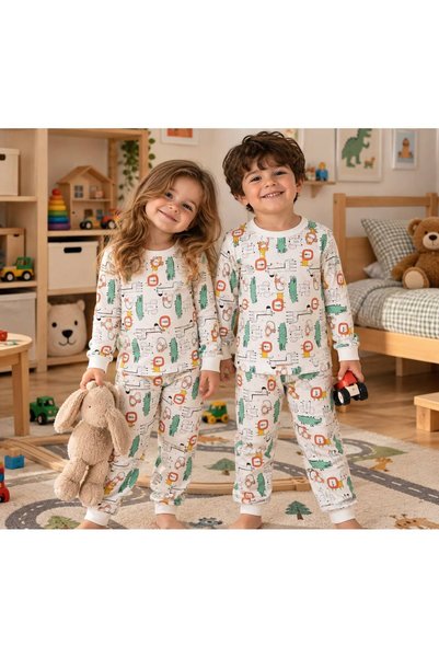 TUGSE Cute character cream color long sleeve cotton bottom top pajama set