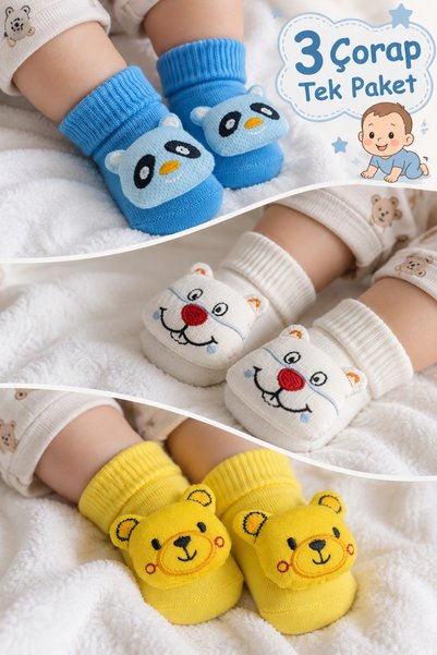 Babyhola 0-6 Ay Figürlü Pamuklu 3'Lü Erkek Bebek Çorap Seti 396