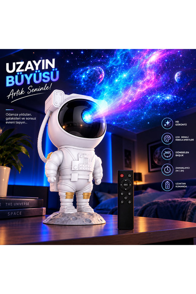 GranTech Astronot Galaxy Projektör Gece Lambası, Nebula ve Yıldız Efektli Uza...