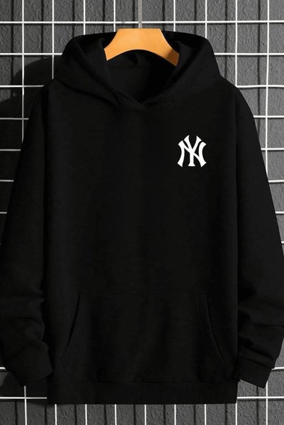 KOZZ STYLE Μαύρο xNY Φούτερ με κουκούλα με στάμπα και 3 κλωστές, Oversize, Χε...