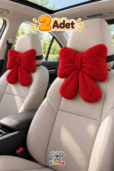 KidHug 2 Adet Kırmızı Peluş Fiyonk Araç Boyun Yastığı Yumuşacık Oto Koltuk Ba...