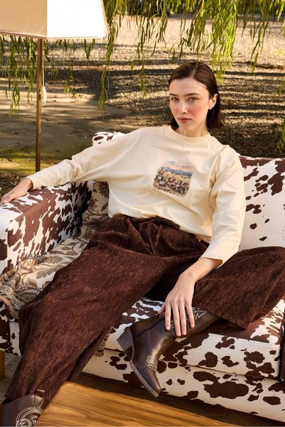 Ceylan Otantik Krem Vintage Çiftlik Baskılı Süprem Dar Kol Basic Body