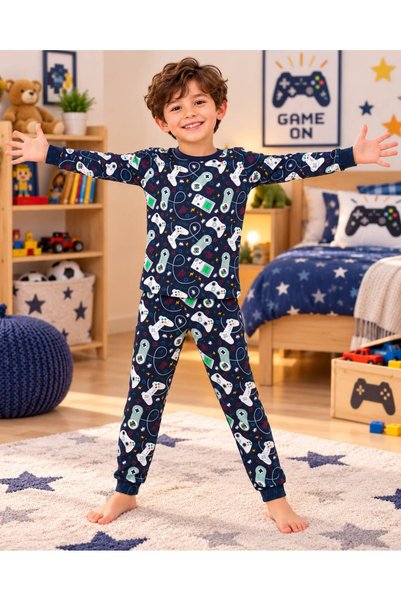 TUGSE Game Pattern Navy Blue Color Boys' Long Sleeve Cotton Bottom Top Pajama...