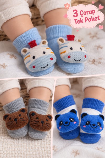 Babyhola 0-6 Ay Figürlü Pamuklu 3'Lü Erkek Bebek Çorap Seti 396