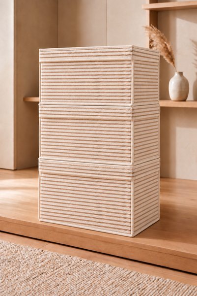 VAYBE Set of 3 Mini Multi-Purpose Storage Boxes Cream Striped Toy and Clothin...