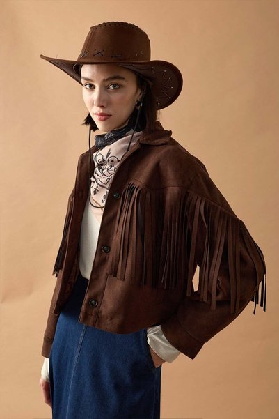 Ceylan Otantik Bitter Brown Tassel Detail Suede Jacket