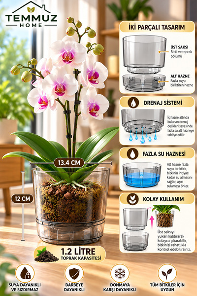 TEMMUZ HOME 1.2 Litre Şeffaf Füme Su Hazneli Orkide Saksısı, Drenajlı, Dekoratif Plastik Çiçek ve Bitki Saksısı