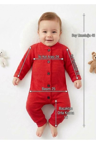 gülerçocuk Unisex Bebek Kırmızı Yandan Çizgili Düğmeli Tulum - Esnek Örme Yenidoğan Bebek Tulumu (0-3 Ay)