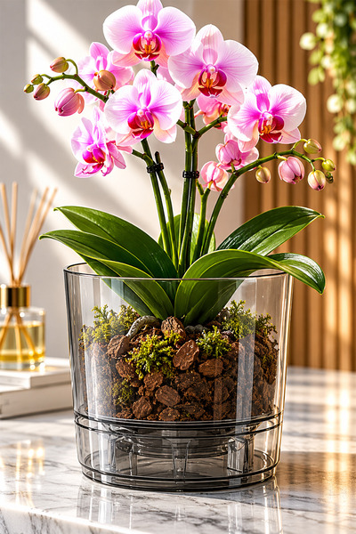 TEMMUZ HOME 1.2 Litre Şeffaf Füme Su Hazneli Orkide Saksısı, Drenajlı, Dekoratif Plastik Çiçek ve Bitki Saksısı