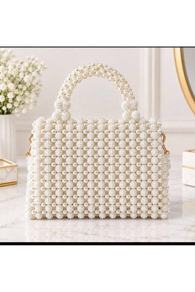 Generic Brand Elegant Pearl Beaded Handbag – Ivory White